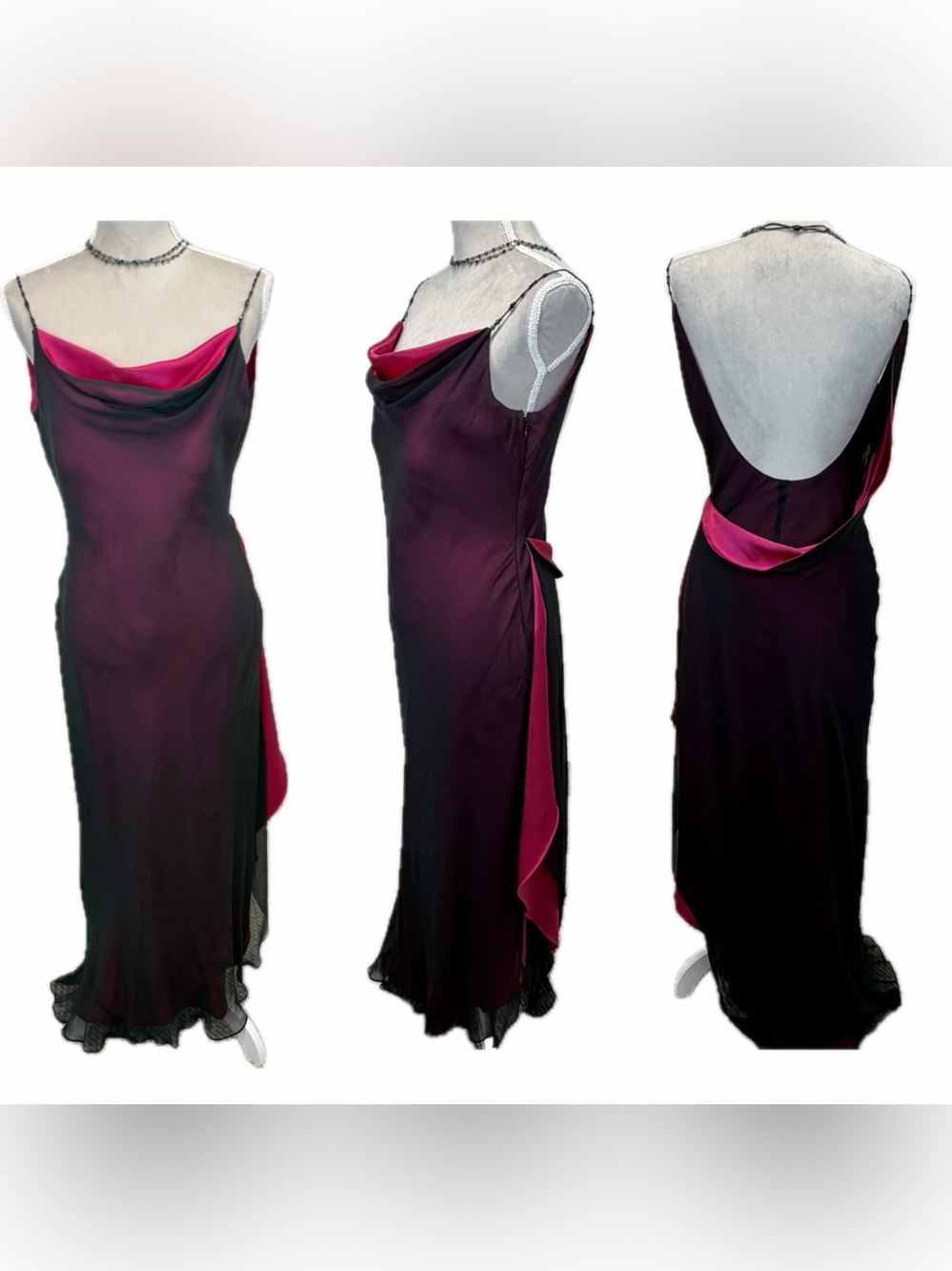 Vintage 90s Kay Unger Prom Dress Maxi Gown 8 Vampy Slip Fuchsia Black Goth Glam
